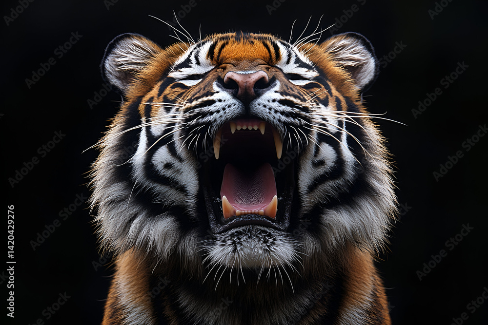 Obraz premium Striking portrait of a Bengal tiger, a wild feline with distinctive black stripes on its orange fur