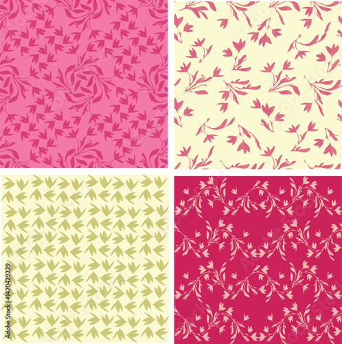 This is a seamless floral pattern collection featuring four coordinating botanical designs in pink, magenta red, sendy and olive green tones. Each pattern showcases delicate silhouettes of flowers and