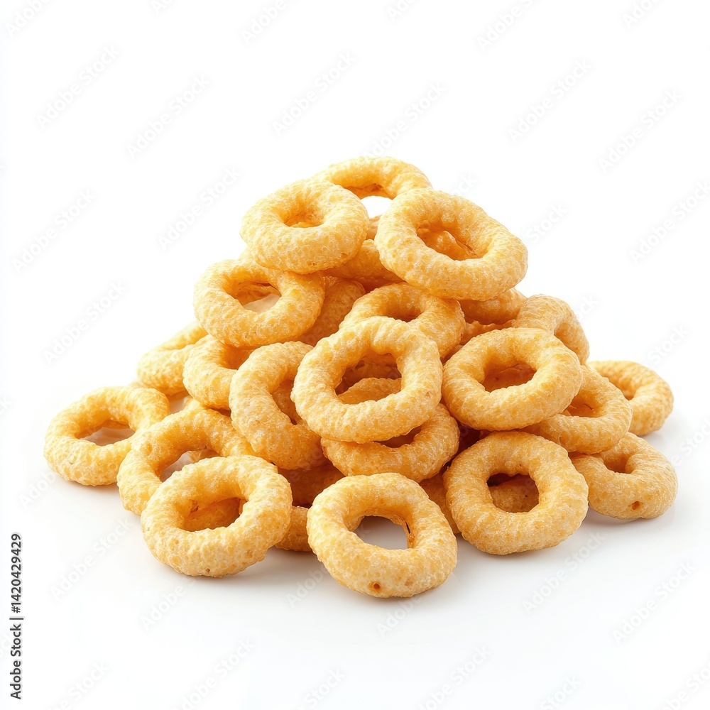 A pile of crispy onion ring snacks on a plain white background studio shot A pile of crispy onion ring snacks on a plain white background studio shot