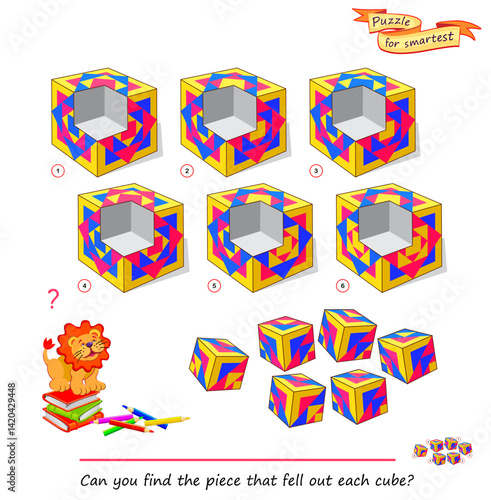 Logic game for the smartest. Can you find the piece that fell out each cube? 3D puzzle. Developing spatial thinking skills. Page for brain teaser book. Flat vector illustration.