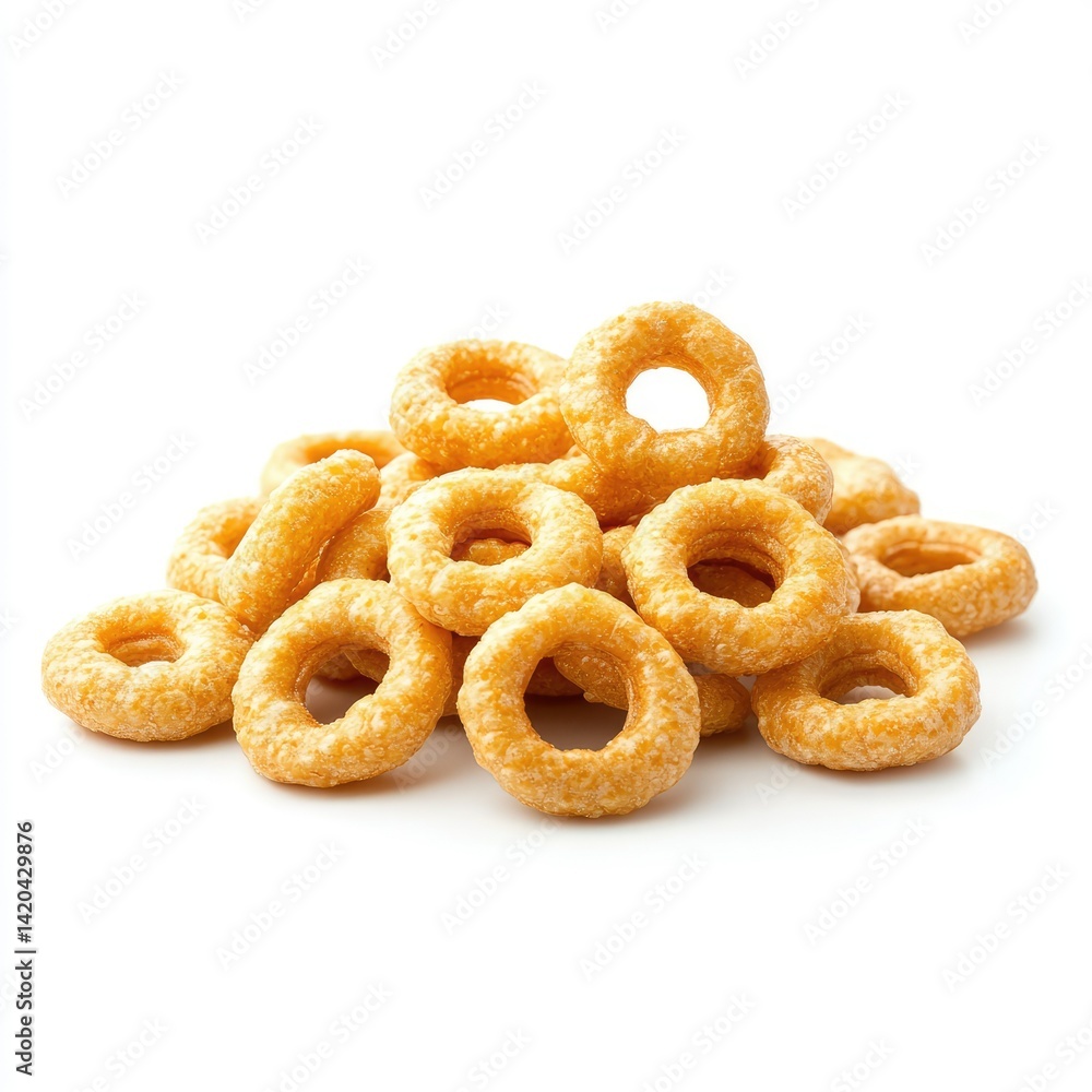 A pile of glazed donut rings on a white surface in a studio setting A pile of glazed donut rings on a white surface in a studio setting