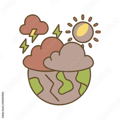 This image illustrates extreme weather on Earth, showing lightning bolts from storm clouds and the sun shining simultaneously. It represents the coexistence of different weather phenomena due to clima