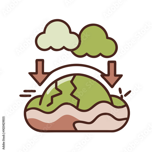 This image depicts a cracked landform beneath two clouds with arrows pointing downward, suggesting environmental pressure or force from above. It could symbolize erosion, land degradation, or tectonic