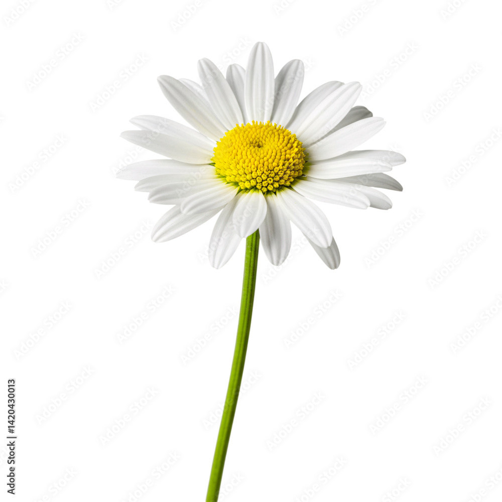 A solitary daisy with pristine white petals and a sunny yellow center, showcased against a muted background, highlighting its floral charm. A solitary daisy with pristine white petals and a sunny yellow center, showcased against a muted background, highlighting its floral charm.