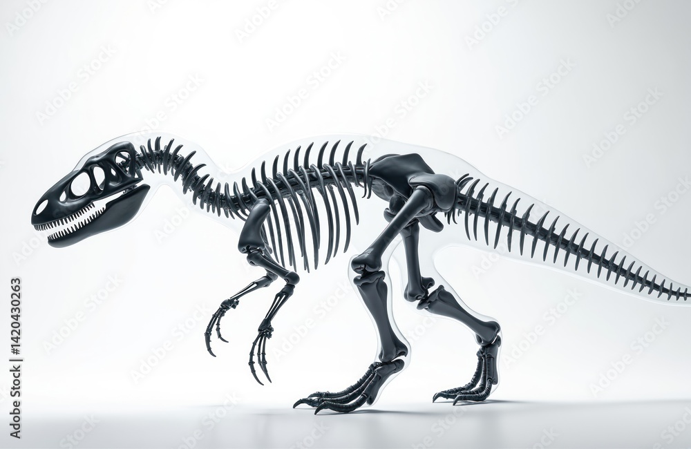 3D illustration of dinosaur skeleton against white background. Detailed, realistic dinosaur skeleton. Image prehistoric life, ideal for educational purposes science projects. Perfect for museums,
