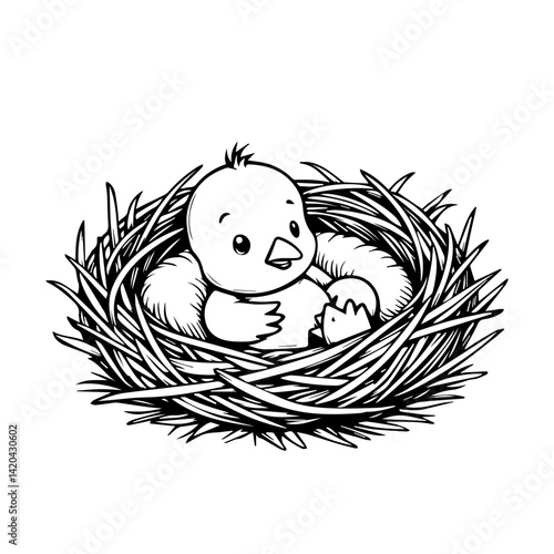 Cute chick hatching happily in a cozy nest illustration  