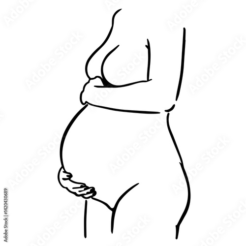 Pregnant woman cradling belly in minimalist line art  