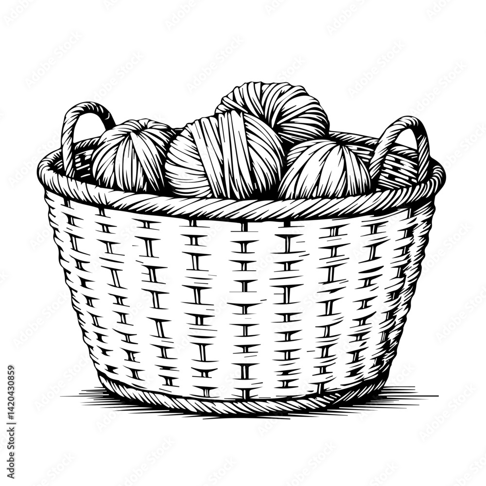 Fototapeta premium Yarn Balls in a Hand-Woven Basket Illustration 