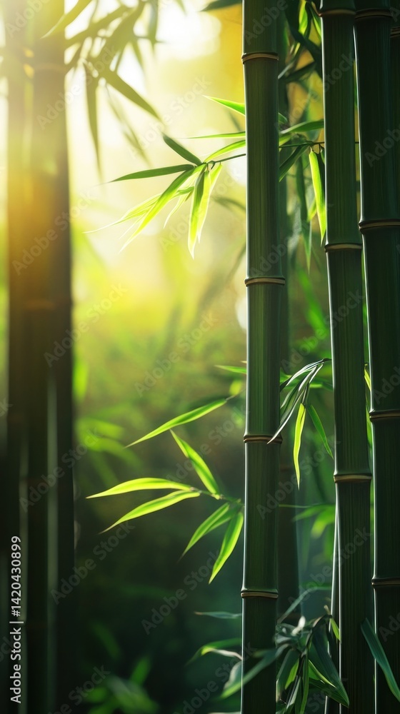 Naklejka premium Lush bamboo grove bathed in golden sunlight.