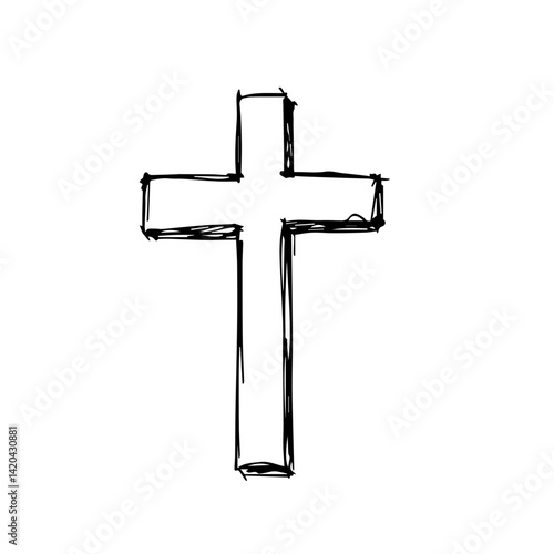 Simple hand-drawn cross in black outline on white background  