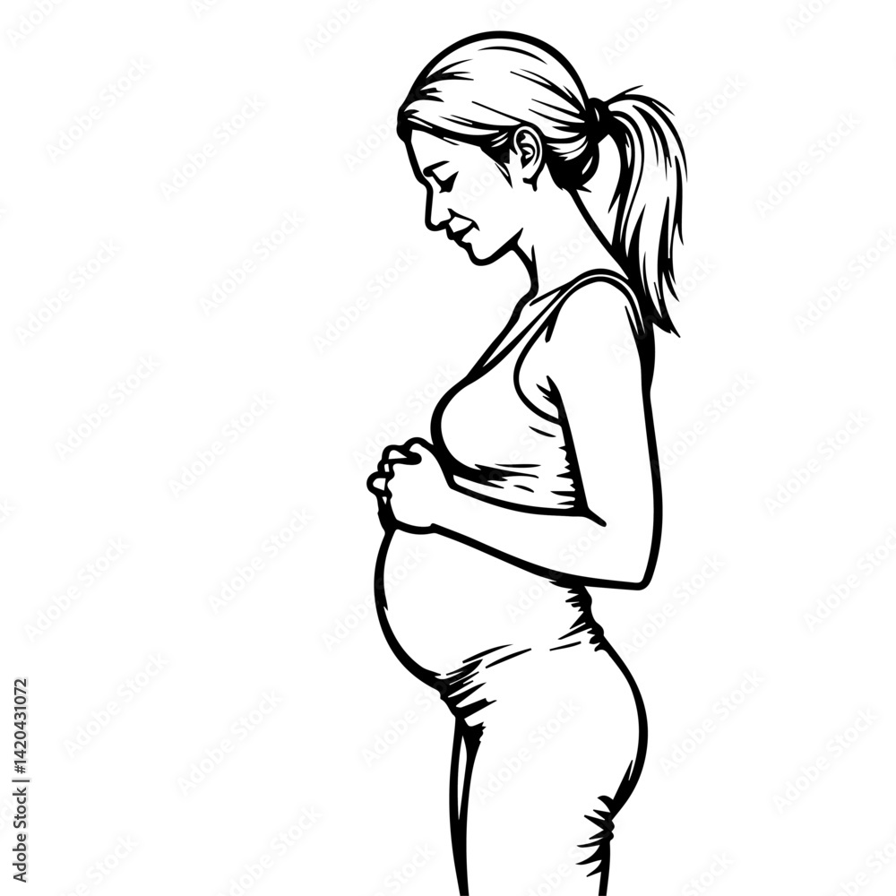 Expecting mother smiling and touching her belly in a line art style Expecting mother smiling and touching her belly in a line art style