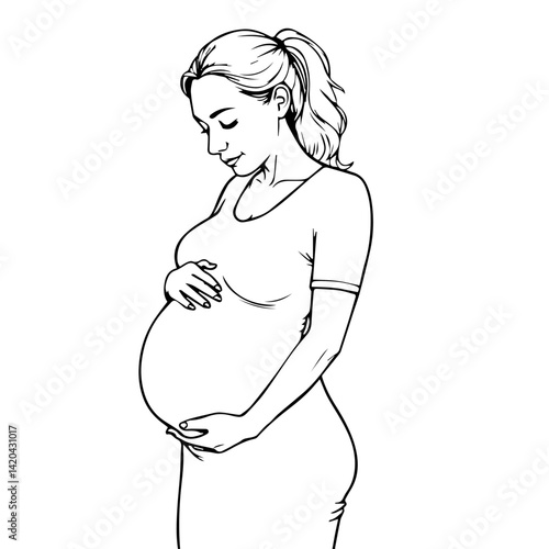 Pregnant woman cradling belly in peaceful pose  