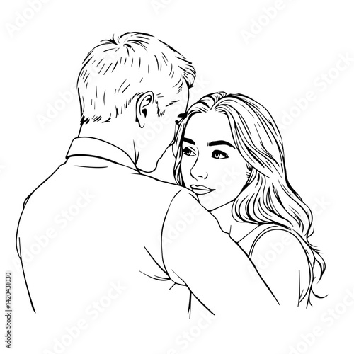 Couple embracing and gazing affectionately in a line art style  
