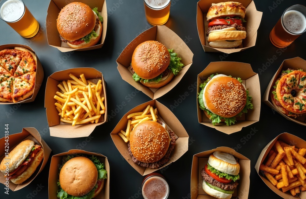 Flat-lay of takeaway fast food dinner. Burgers french fries pizza beer glasses over dark table. Concept of quarantine home party. Pizza, burgers, fries, sandwiches, beer for lunch, snack dinner. Home