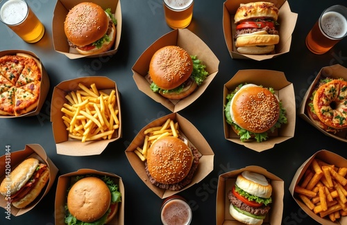 Obraz na płótnie Flat-lay of takeaway fast food dinner. Burgers french fries pizza beer glasses over dark table. Concept of quarantine home party. Pizza, burgers, fries, sandwiches, beer for lunch, snack dinner. Home w salonie