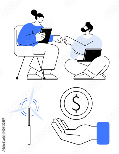 Two people using a tablet and laptop in a conversation wind turbine, dollar coin, and open hand. Ideal for teamwork, innovation, sustainability, finance, technology, clean energy simple landing page