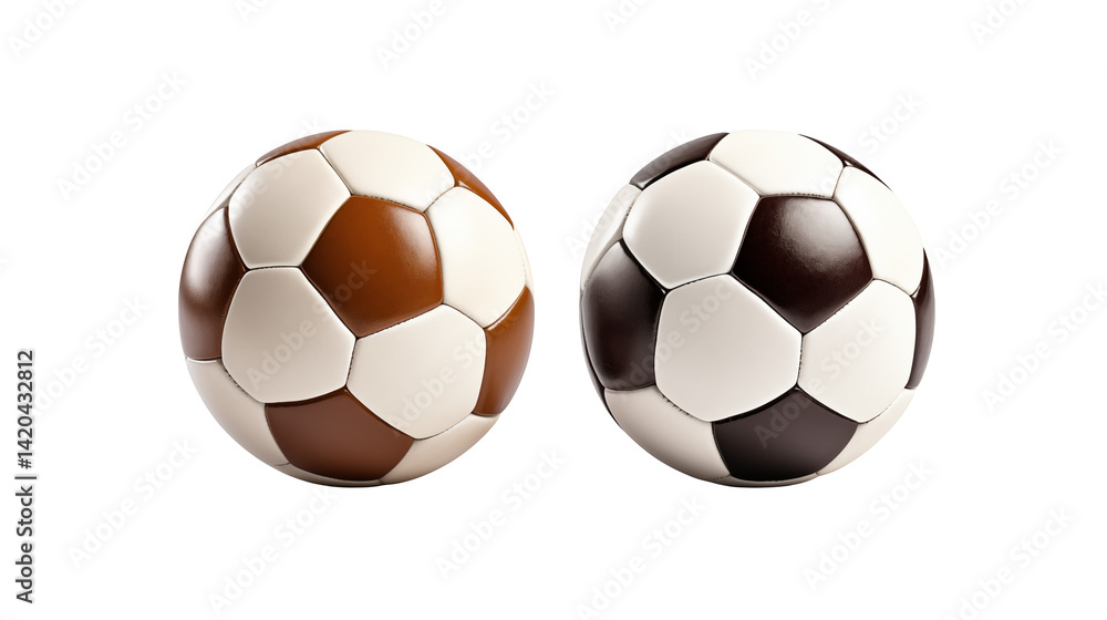 Two soccer balls one brown and white and one black and white on a black background studio shot Two soccer balls one brown and white and one black and white on a black background studio shot