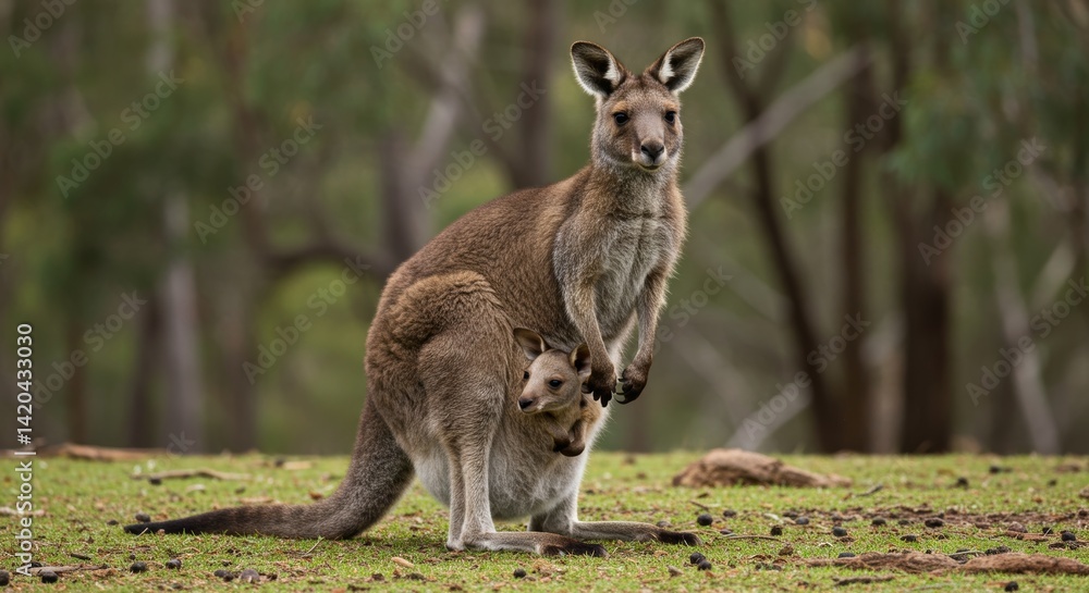Fototapeta premium A mother kangaroo carrying her joey in her pouch in a natural habitat