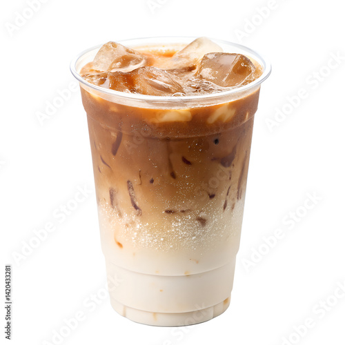 Clear plastic cup filled with Latte frappe, isolated on transparent background