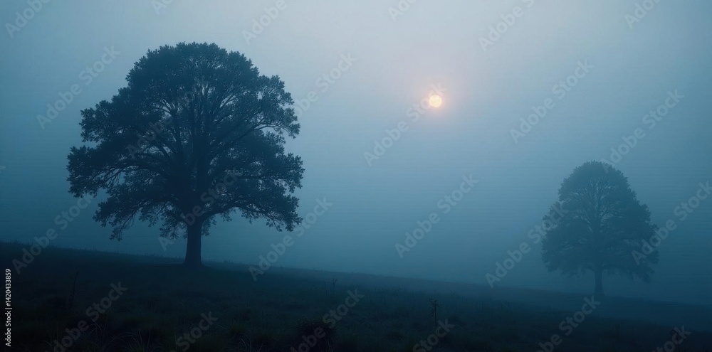 Fototapeta premium Silhouetted trees, heavy fog, dark, beautiful wallpaper, branches, mysterious