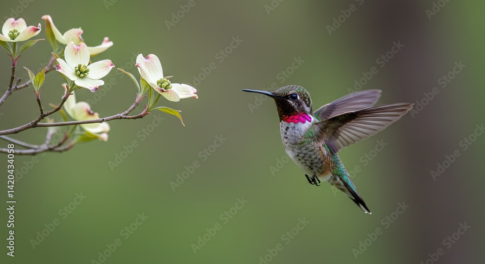 Fototapeta premium Hummingbird gracefully hovers near luminous dogwood blossoms in serene setting
