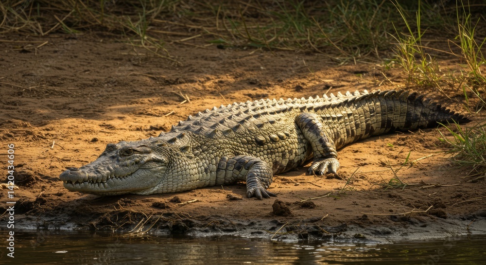 Nile crocodile resting on the bank of a muddy river during the day light Nile crocodile resting on the bank of a muddy river during the day light