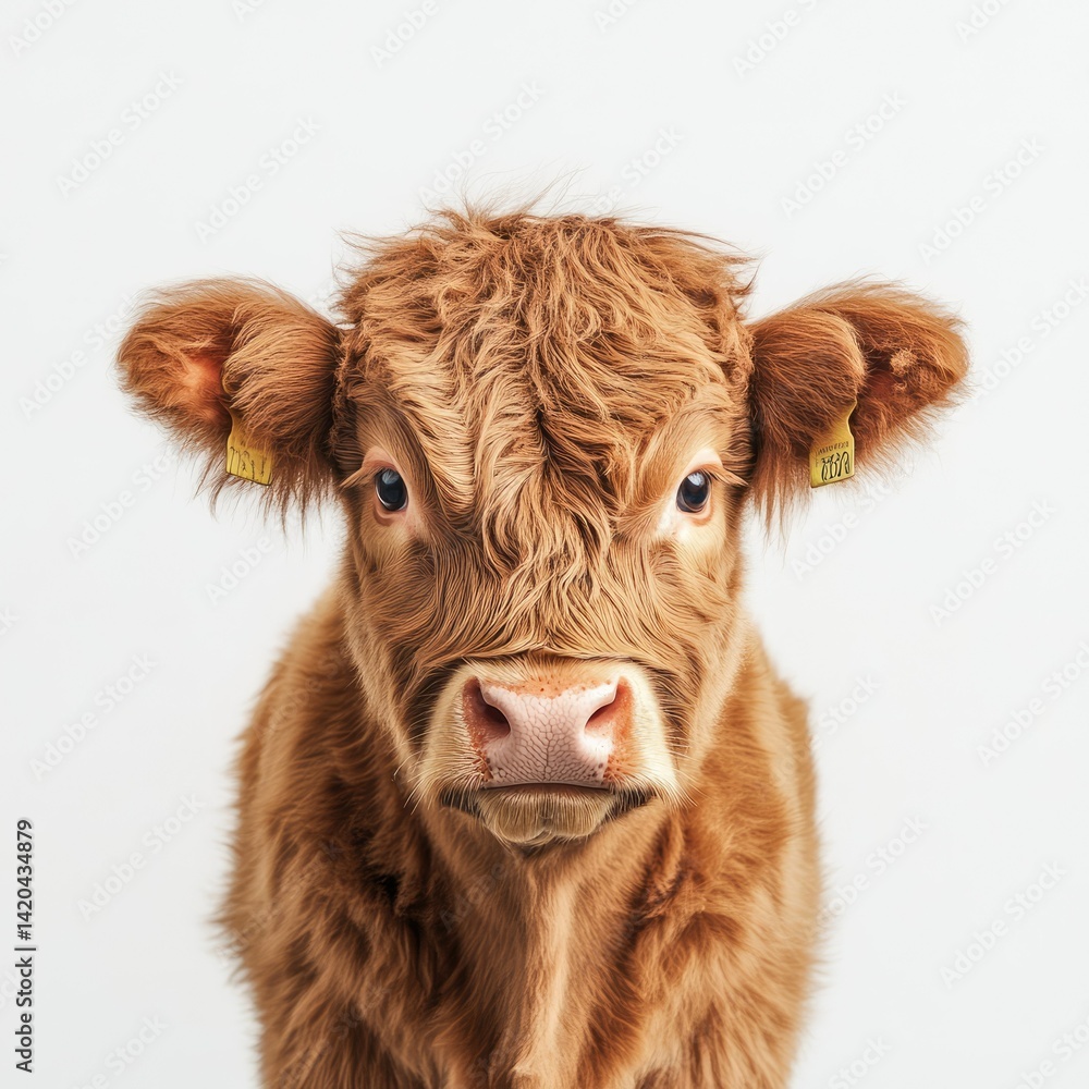 Close up portrait of a fluffy brown highland calf against white background Close up portrait of a fluffy brown highland calf against white background