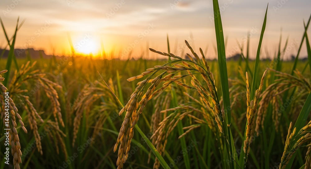 Fototapeta premium Golden Rice Field Sunset: Nature's Harvest at Dusk