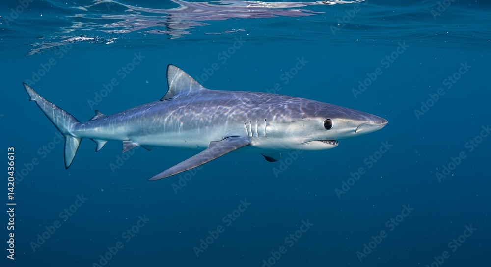 Naklejka premium Mesmerizing Blue Shark Swimming Gracefully Beneath Ocean Surface Waters