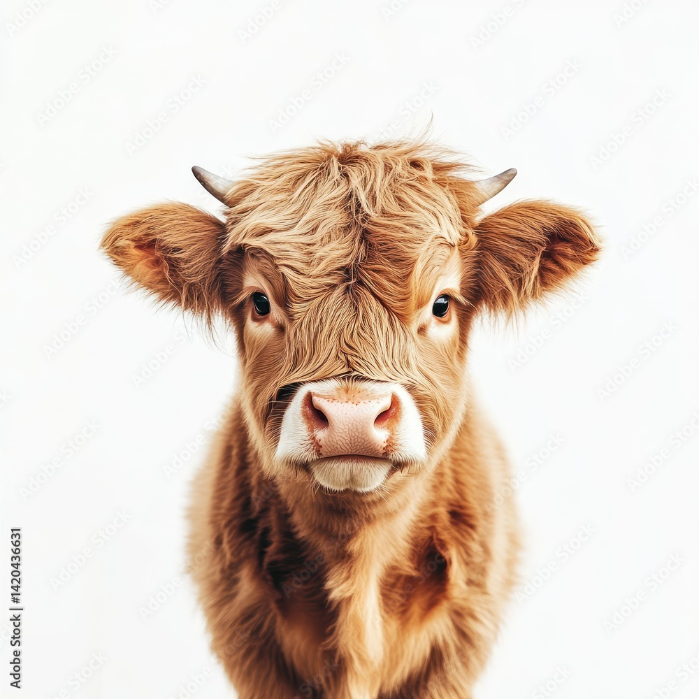 Close up portrait of a fluffy brown highland cow on a white background Close up portrait of a fluffy brown highland cow on a white background