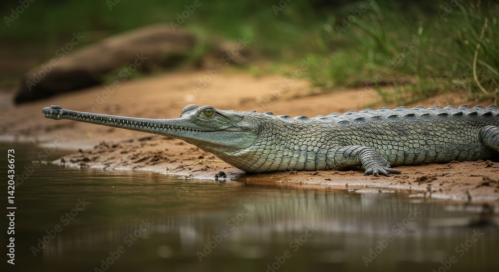 Obraz premium Gharial basking elegantly by the water's edge showcasing unique snout
