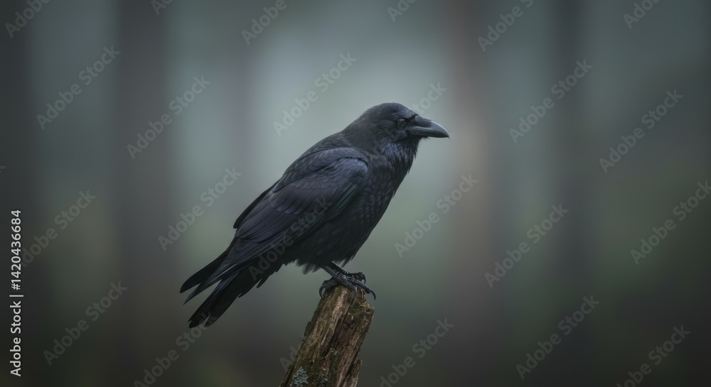 A majestic raven surveying its misty forest domain from a rustic perch A majestic raven surveying its misty forest domain from a rustic perch