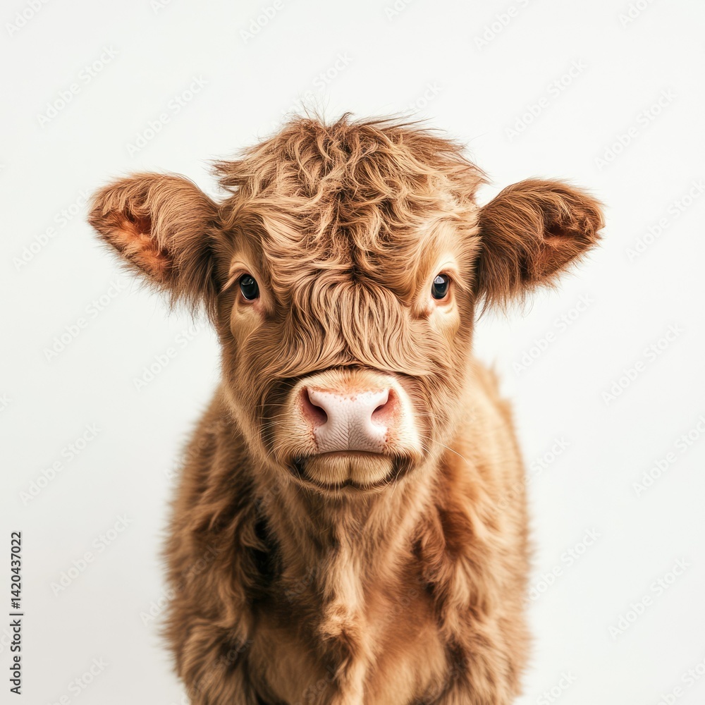 Close up portrait of a fluffy brown calf against a white background Close up portrait of a fluffy brown calf against a white background