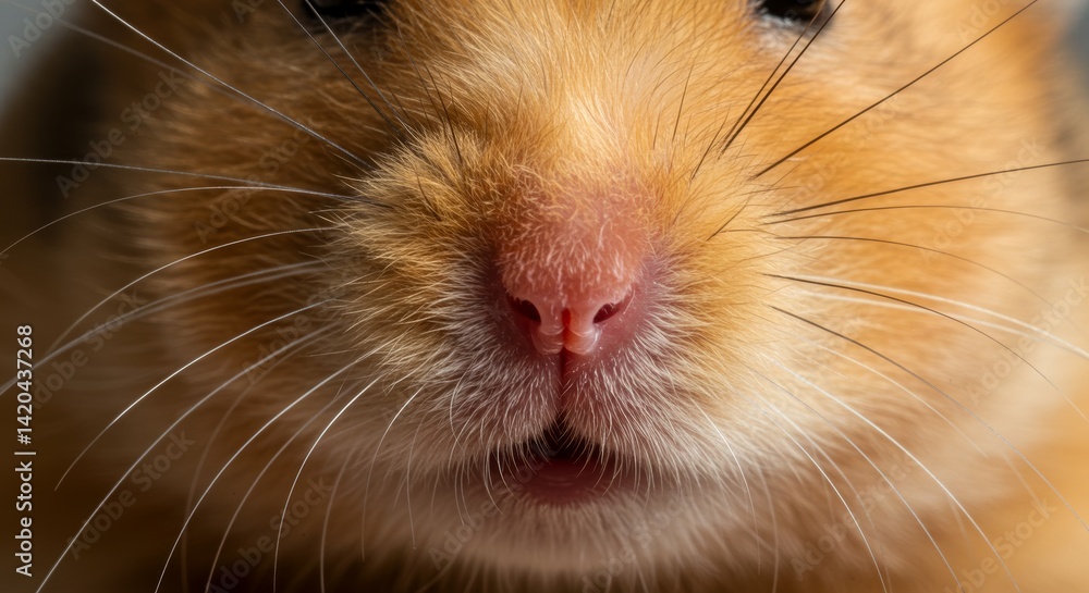 Close-up portrait capturing the golden hamster, showcasing its distinctive whiskers and delicate facial features Close-up portrait capturing the golden hamster, showcasing its distinctive whiskers and delicate facial features