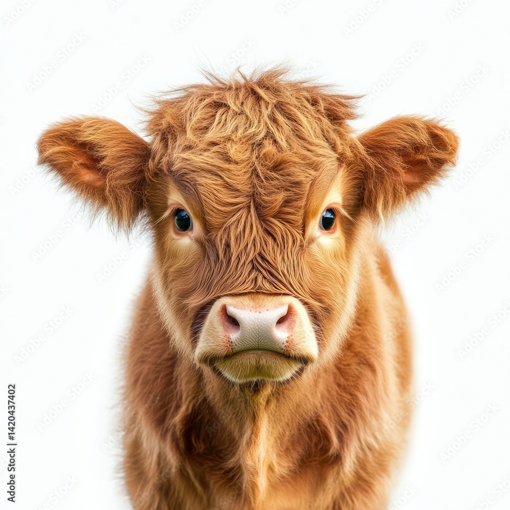 Close up portrait of a fluffy brown highland calf on a white background Close up portrait of a fluffy brown highland calf on a white background