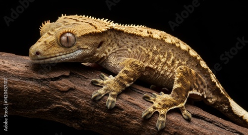 Detailed studio portrait of a crested gecko showcasing intricate skin textures