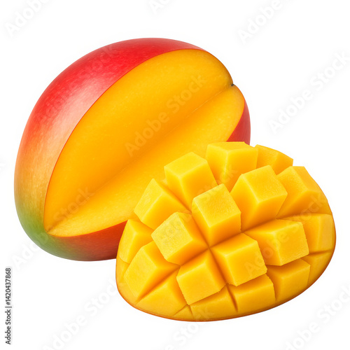 Fresh Mango Cut Open Revealing Juicy Yellow Flesh and Cubes Inside