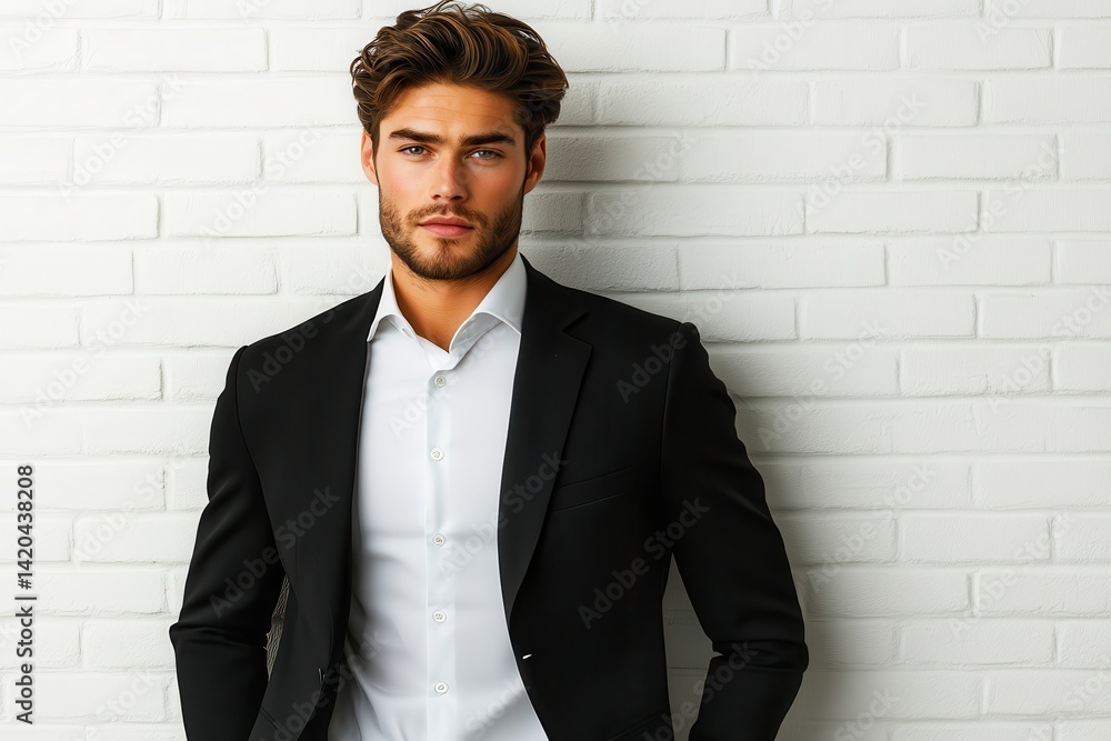 Stylish young man poses confidently against a modern white brick backdrop at a fashion event in the city Stylish young man poses confidently against a modern white brick backdrop at a fashion event in the city