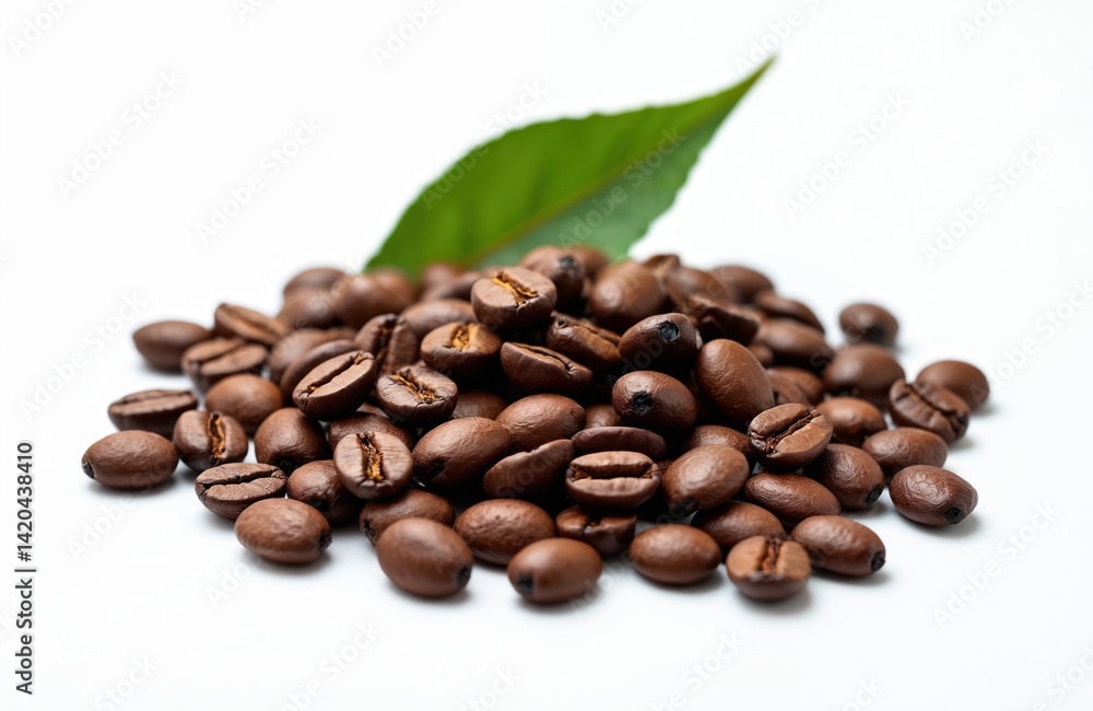 Fototapeta premium Heap roasted coffee beans with green leaf on white background. Macro shot, close-up of brown grains, cafe aroma, fresh coffee, morning drink, energy concept, breakfast. Ideal for cafe design product