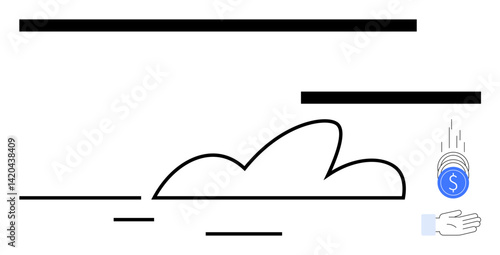 Cloud drawing with hand receiving coins. Ideal for finance, technology, innovation, savings, data security, cloud applications simple landing page. Line metaphor. Simple line icons