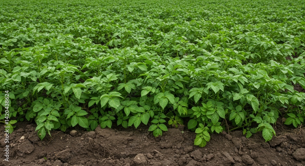 Lush Potato Field, Vibrant Green Rows of Crops Stretching to Horizon Lush Potato Field, Vibrant Green Rows of Crops Stretching to Horizon