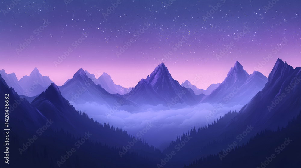 Obraz premium Jagged mountain peaks against a deep purple twilight