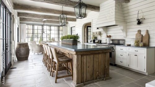 White-washed kitchen with shiplap walls and rustic wooden island  