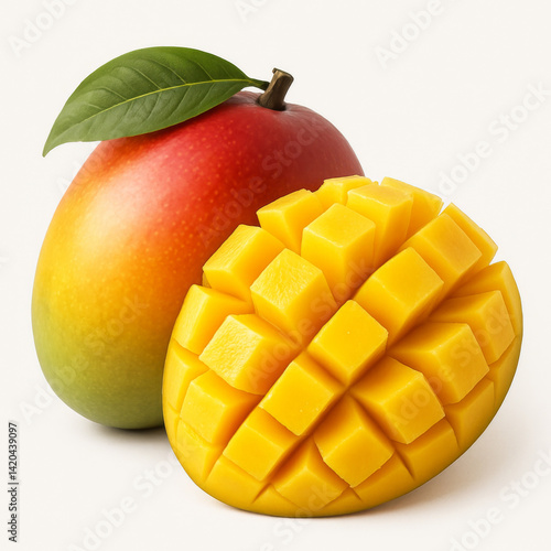 Fresh Mango Cut Open Revealing Juicy Yellow Flesh and Cubes Inside