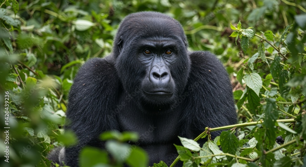 Captivating portrait of a thoughtful gorilla amid lush forest vegetation Captivating portrait of a thoughtful gorilla amid lush forest vegetation