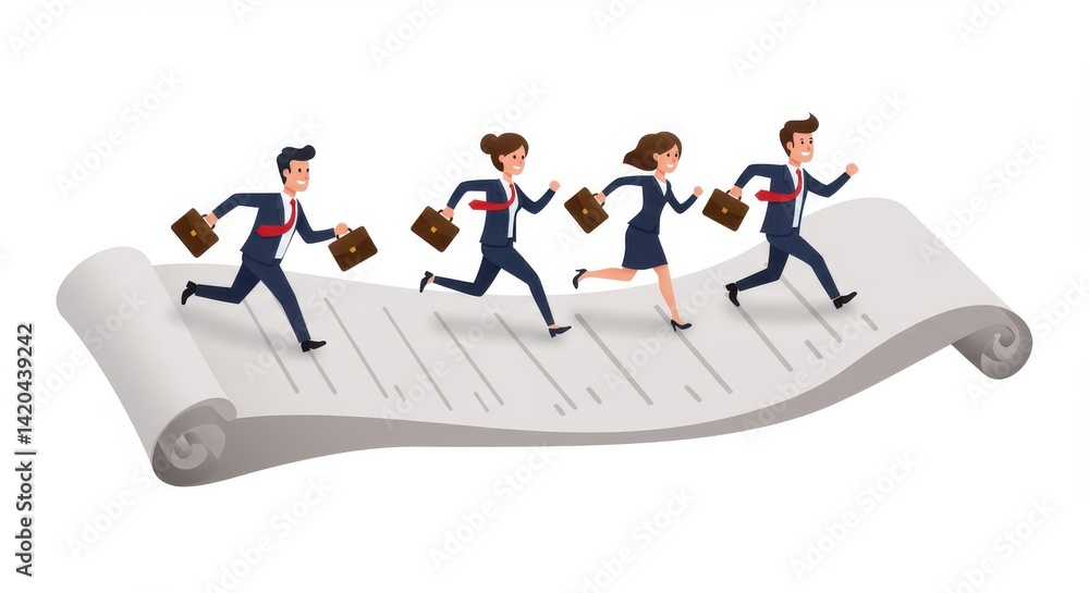 Fototapeta premium Business people running on a large document scroll with briefcases in a competitive environment race