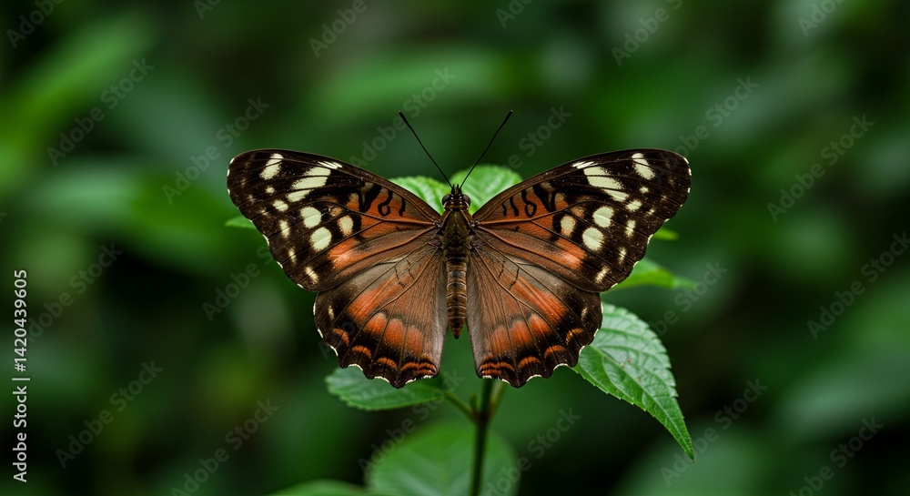 Exotic butterfly resting on a green leaf displays intricate wing patterns Exotic butterfly resting on a green leaf displays intricate wing patterns