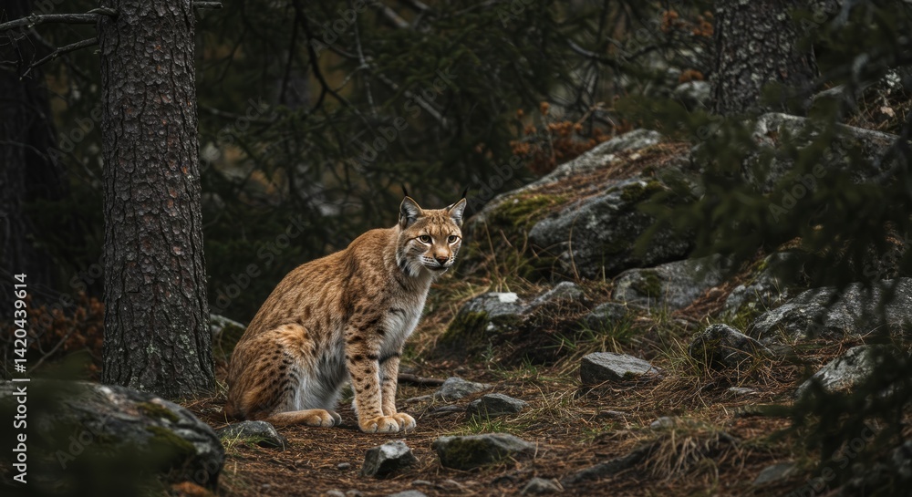 Fototapeta premium Eurasian Lynx portrait nestled in coniferous woodland setting amidst untouched wilderness