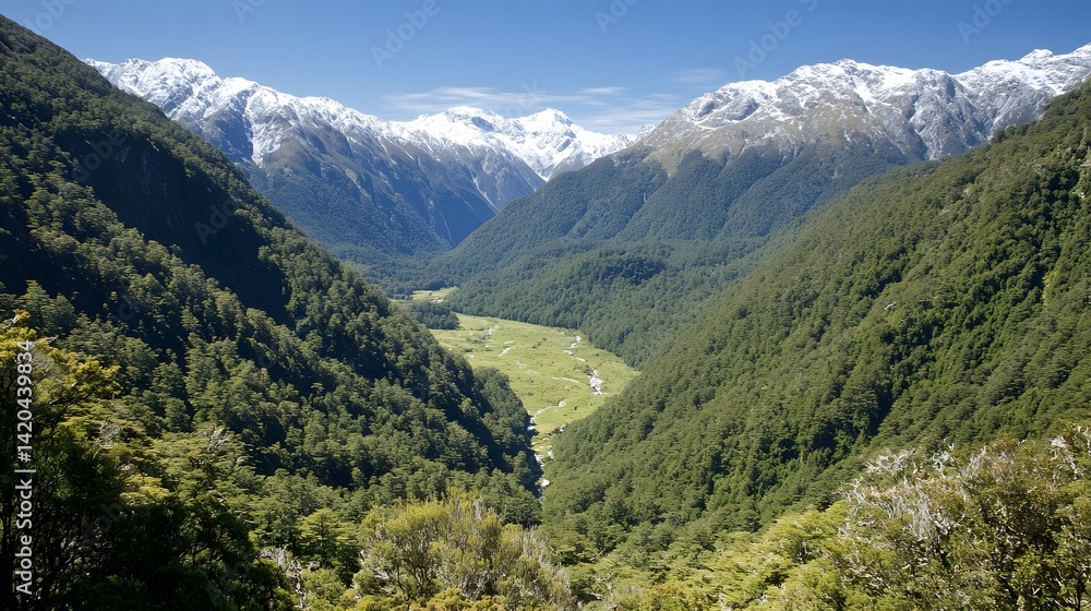 Fototapeta premium Majestic Mountain Valley Landscape Lush Green Forest Snow Capped Peaks