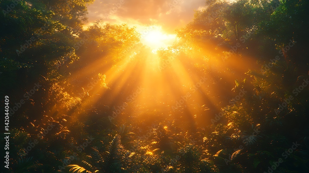 Naklejka premium Golden Sunlight Rays Breaking Through A Lush Green Forest Canopy Beautiful Photo